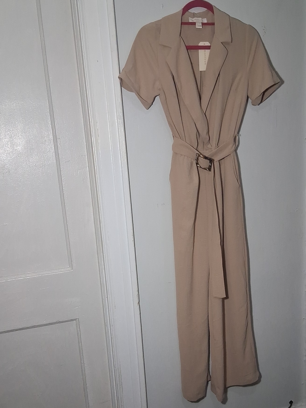 Beige Short-Sleeve Belted Maxi Dress